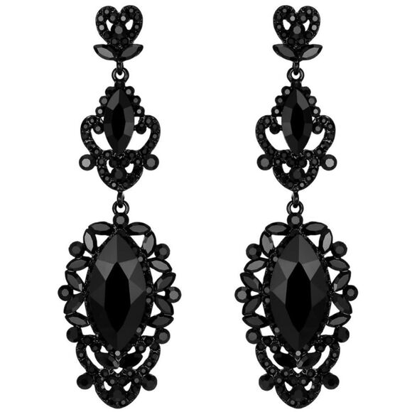 Carbon Black with Black Onyx Crystal Art Deco Chandelier Post Back Drop Earrings - Picture 1 of 4